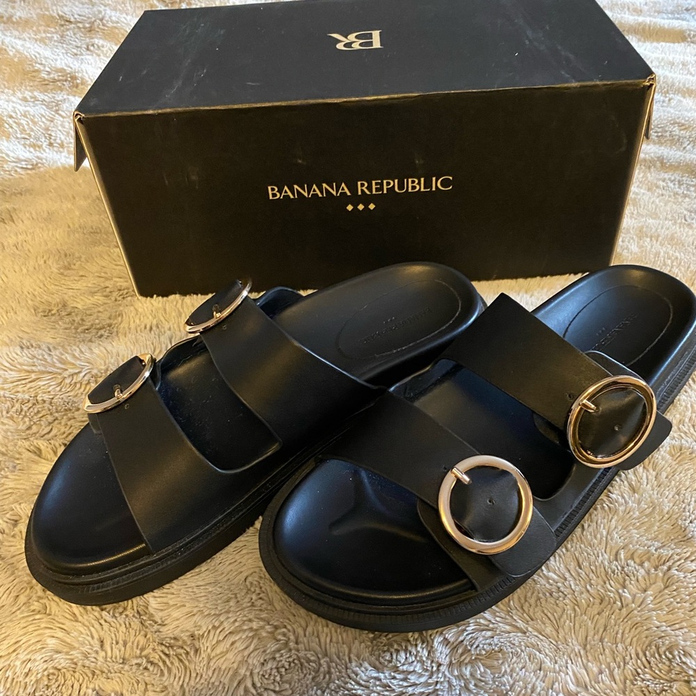Banana Republic Black Sandals with Gold Buckles